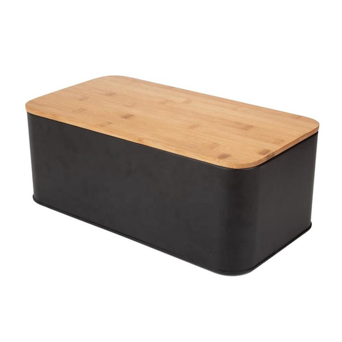 Cocina Negro Gran rectángulo de madera Bamboo Tapa de almacenamiento Bin Corta de pan de metal Caja de pan de metal
