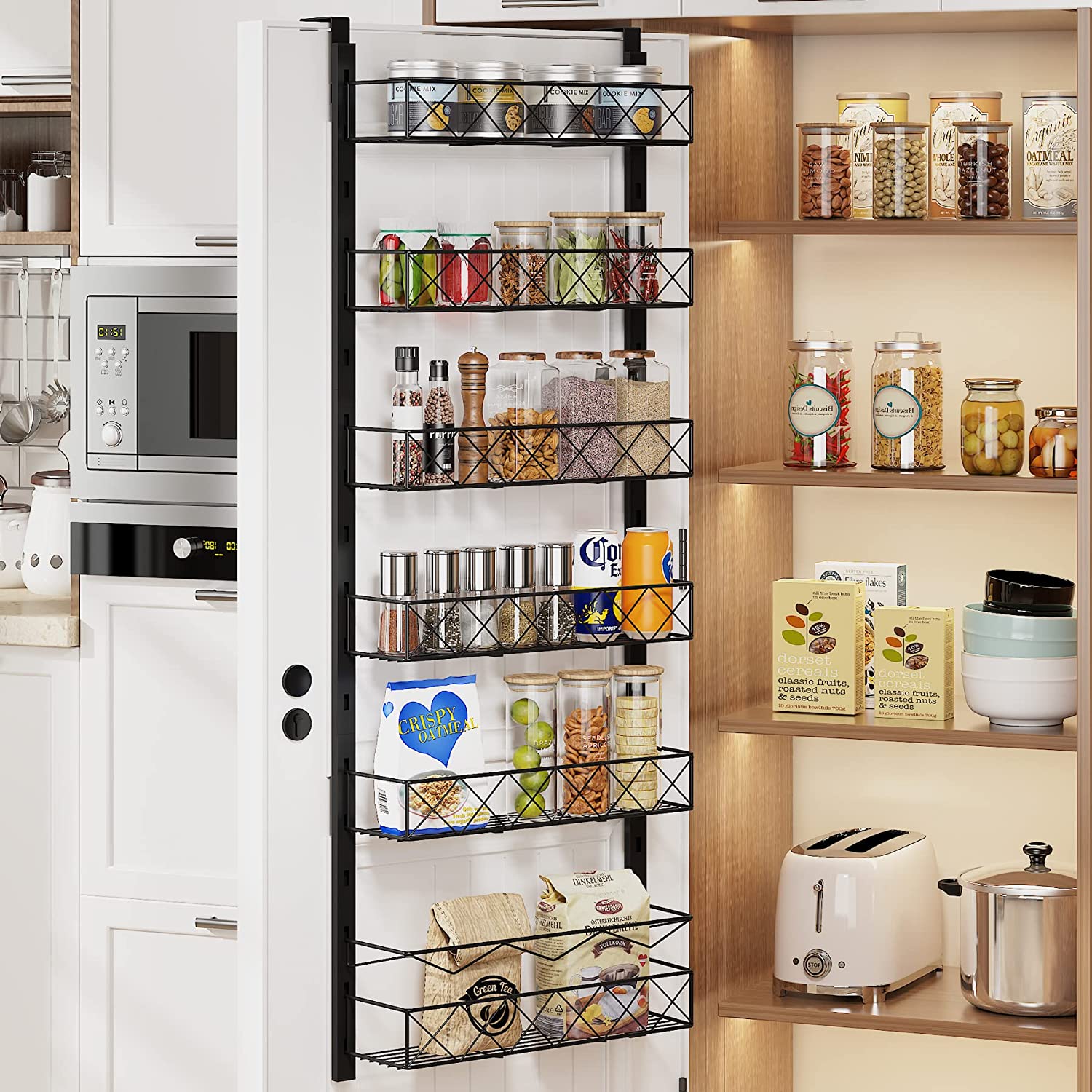 Cesta de almacenamiento de alimentos de cesta de ajuste de varios niveles Inicio con estante de colgación de puerta que ahorra espacio desmontable