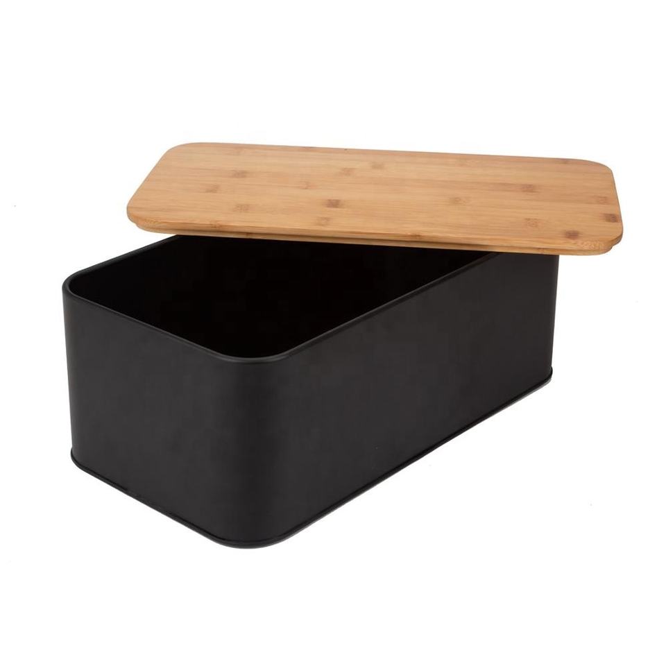 Cocina Negro Gran rectángulo de madera Bamboo Tapa de almacenamiento Bin Corta de pan de metal Caja de pan de metal
