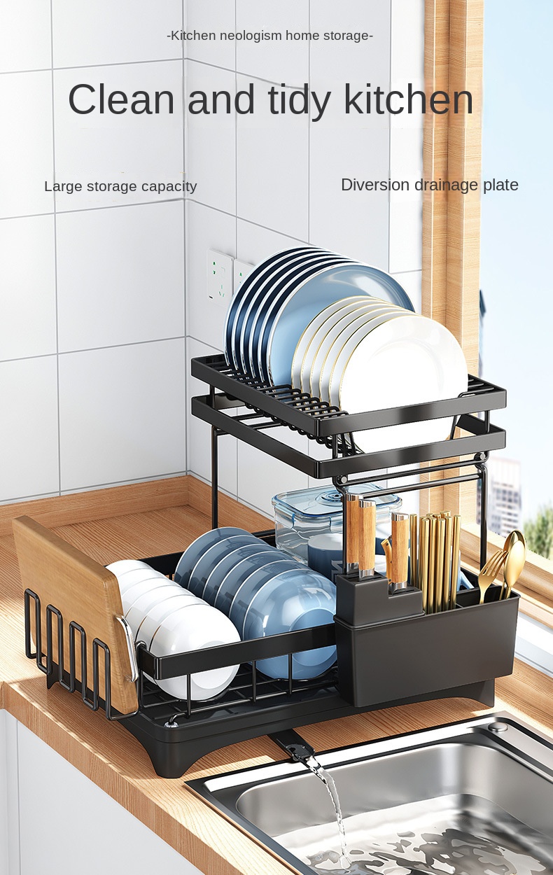 Drenaje de cocina Tazón y estante para platos, rejilla de almacenamiento de platos y platos, rejilla de almacenamiento de doble capa y estantería de plato que guía por agua y estante de almacenamiento de platos, estante para palillos