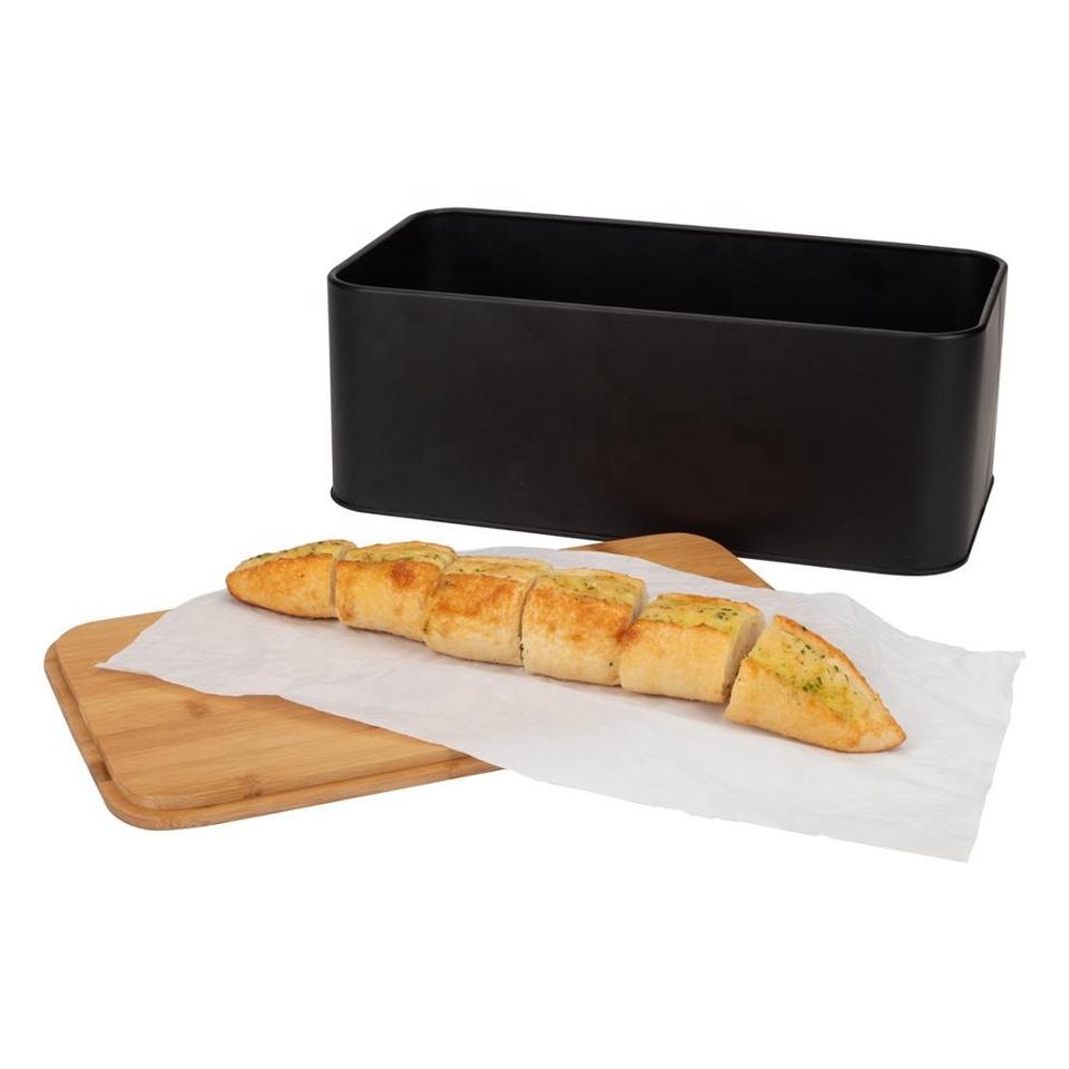 Cocina Negro Gran rectángulo de madera Bamboo Tapa de almacenamiento Bin Corta de pan de metal Caja de pan de metal