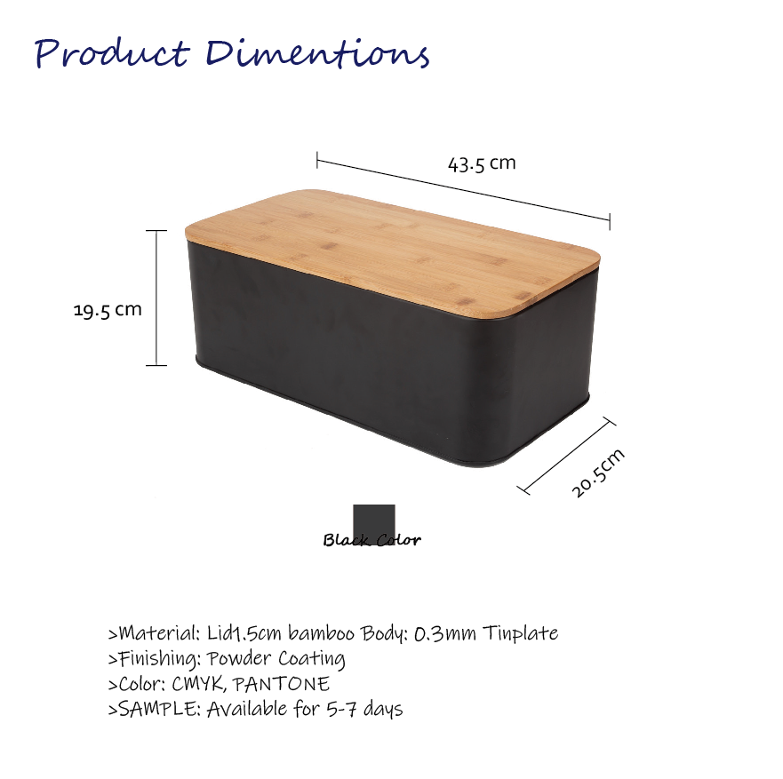Cocina Negro Gran rectángulo de madera Bamboo Tapa de almacenamiento Bin Corta de pan de metal Caja de pan de metal